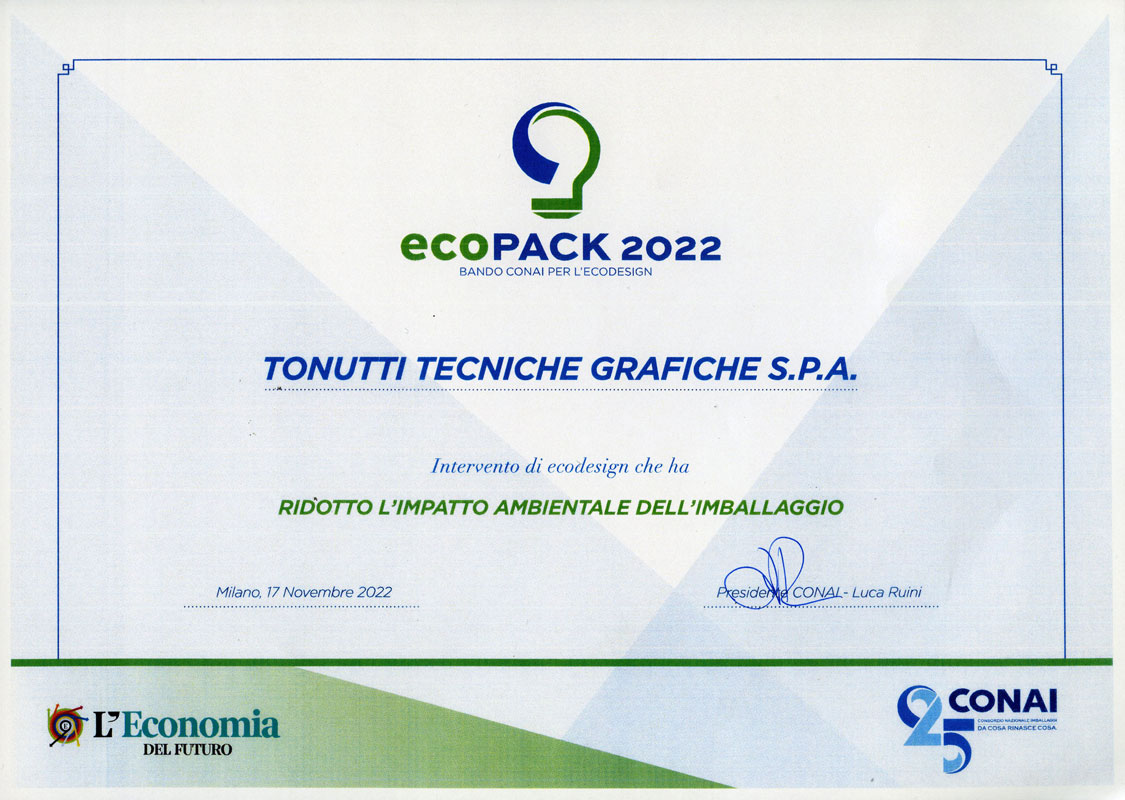 Ecopack 2022: attestato della premiazione per Tonutti Tecniche Grafiche.